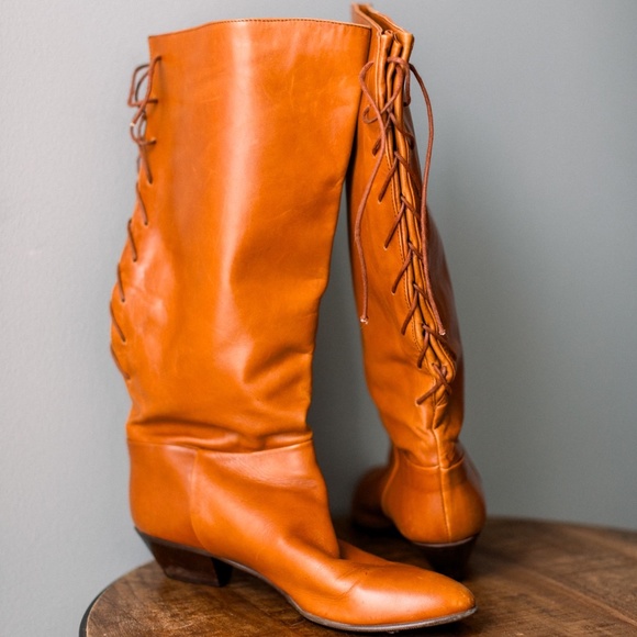 Sudini Vintage - Golden Caramel Italian Leather - Lace Back Boots -W Size 9 - Picture 1 of 11